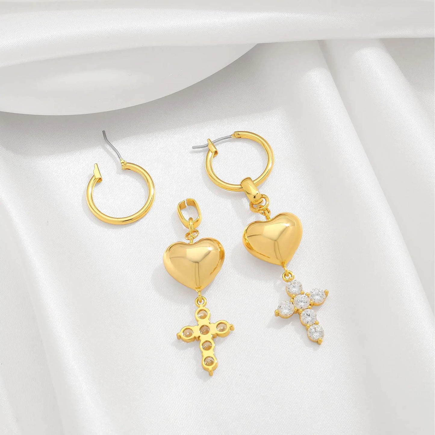 Fashionable heart-shaped ear buckle French retro sweet heart-shaped cross earrings, niche zircon light luxury high-end earrings by Dropsure