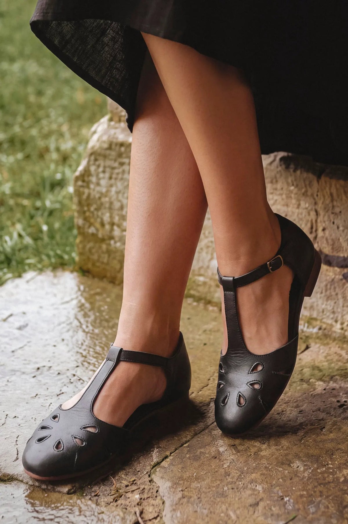ELF Womens Premium Leather Flats With T Strap And Decorative Cutouts by ELF