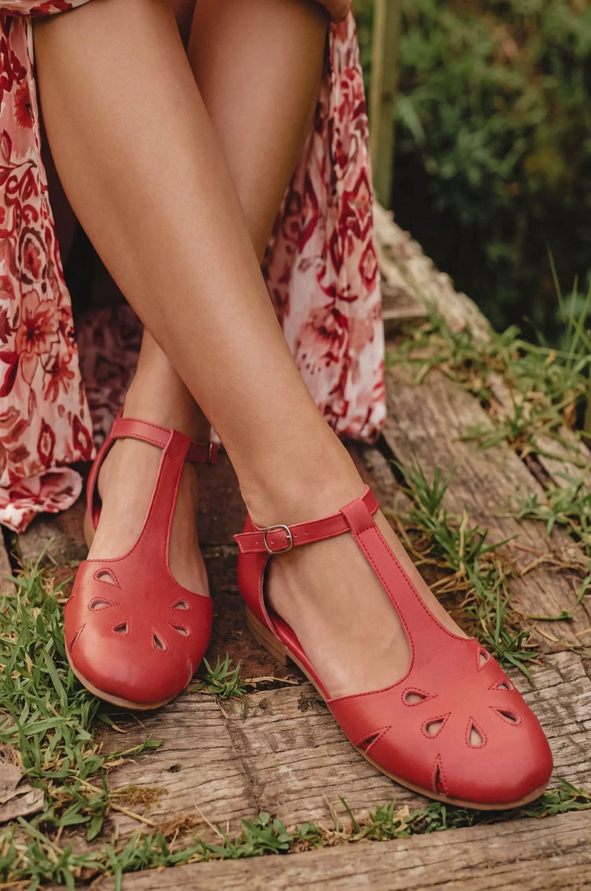 Oasis Cutout T-Strap Leather Flats by ELF