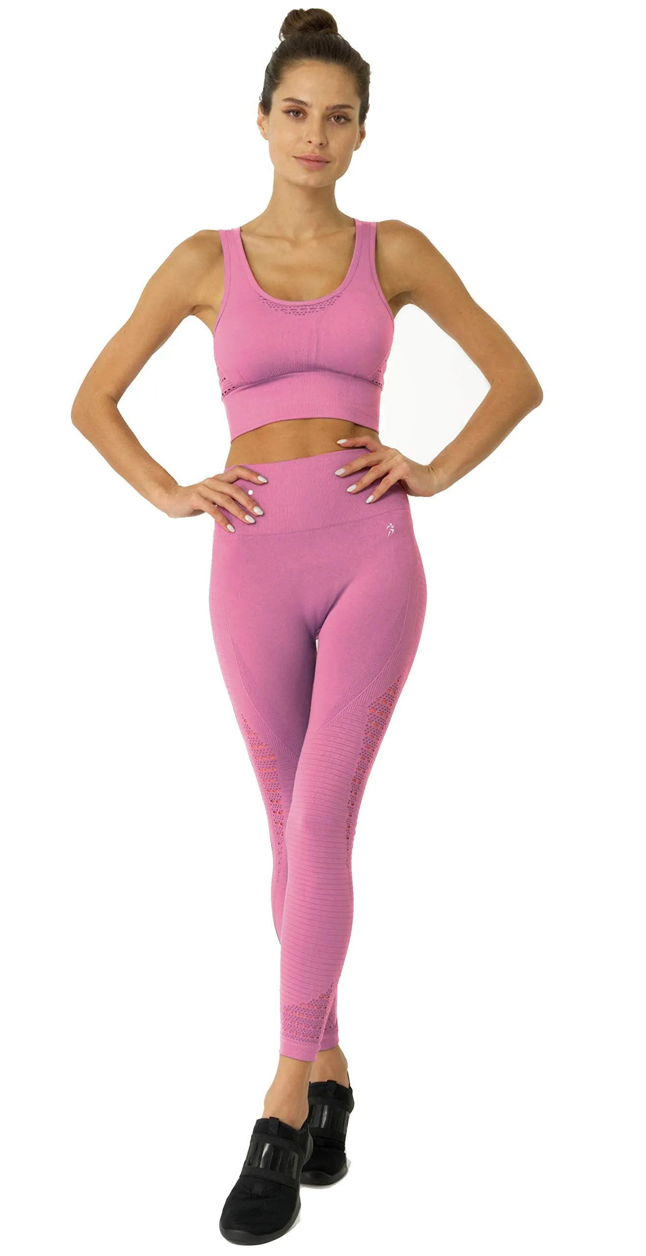 Mesh Seamless Legging With Ribbing Detail - Pink by Savoy Active