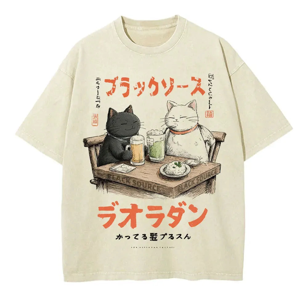 Japanese Cat Cartoon Graphic Baggy T-Shirt Men Streetwear by Vimost Shop