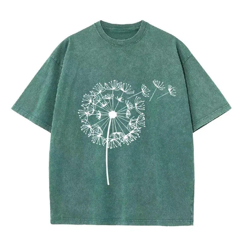 Dandelion Print Vintage Washed Brown T Shirt Casual Minimalist Streetwear Tee by Vimost Shop