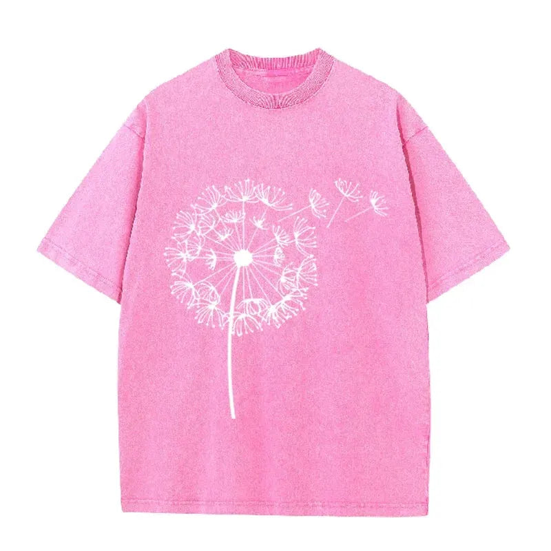 Dandelion Print Vintage Washed Brown T Shirt Casual Minimalist Streetwear Tee by Vimost Shop