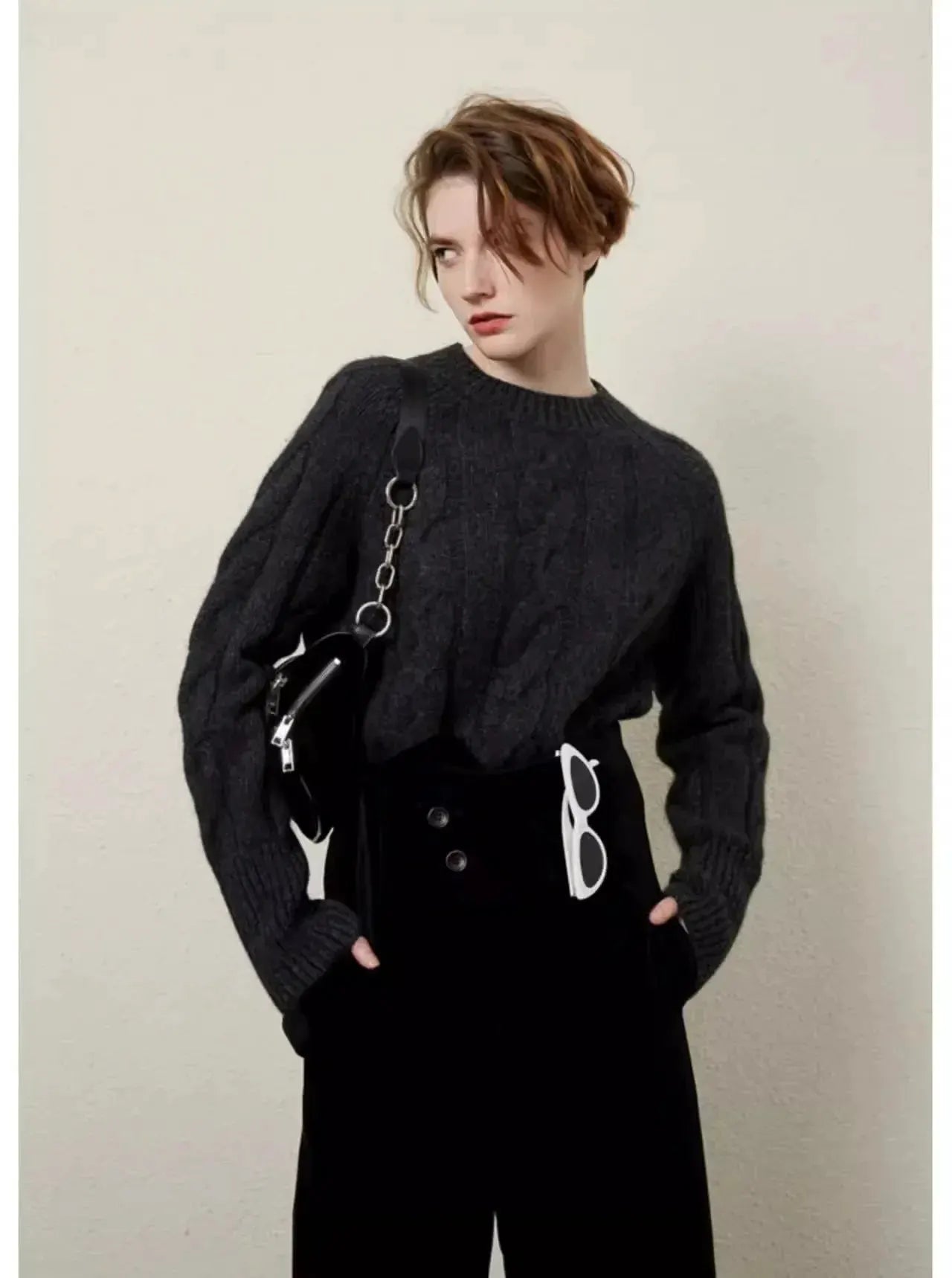 European autumn and winter cashmere sweater women's crewneck twist sweater loose cover to wear pure wool knitted bottom thick by Vimost Shop