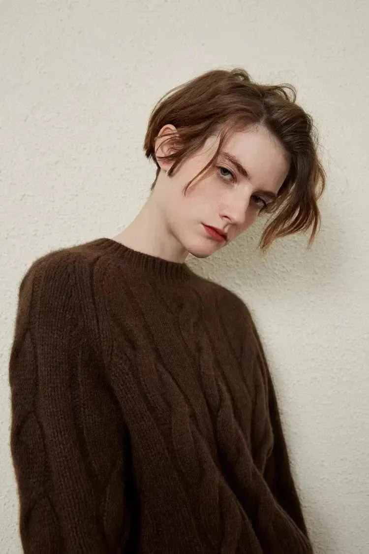 European autumn and winter cashmere sweater women's crewneck twist sweater loose cover to wear pure wool knitted bottom thick by Vimost Shop