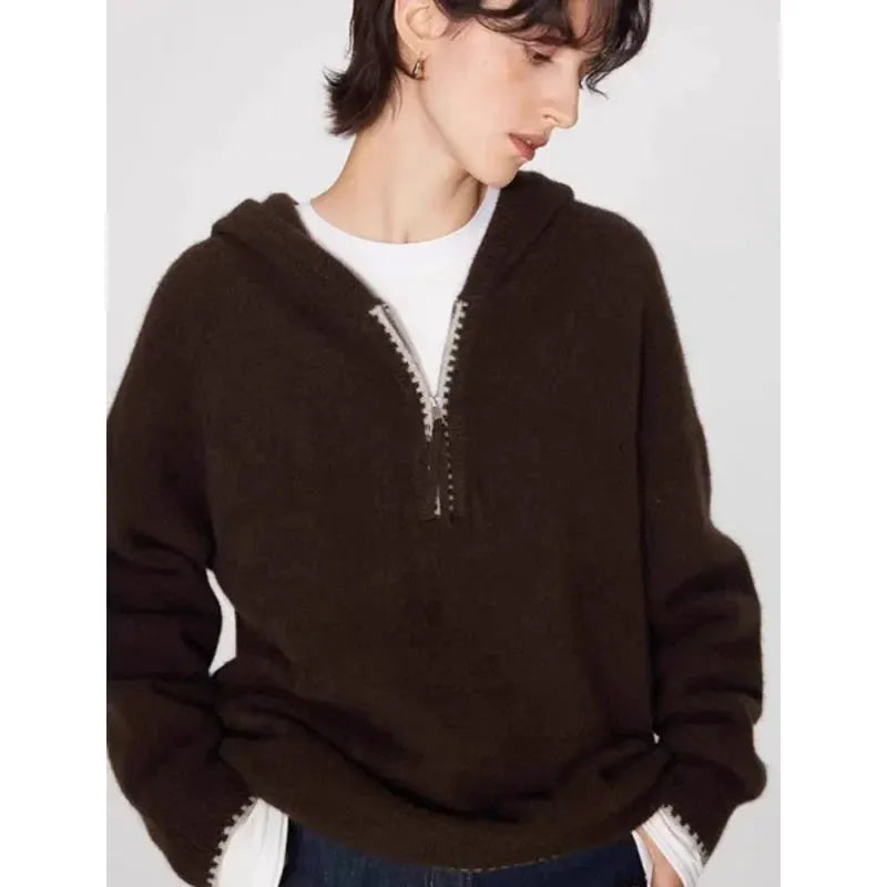 High-end half-zipper hooded 100% cashmere knitted sweater women loose and thick sweater base hoodie top by Vimost Shop