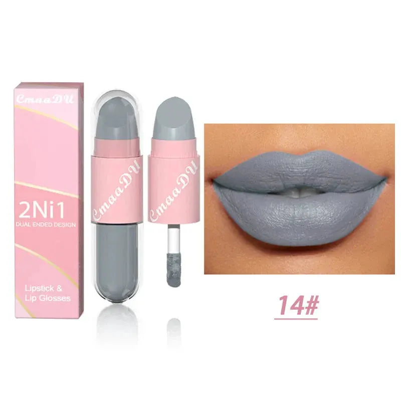 18 Colors 2 in 1 Matte Lipstick Liquid Purple Lip Glaze Double Head Lip Makeup Lasting Waterproof Velvet Sexy Dark Red Lipsticks by HMEINA Store
