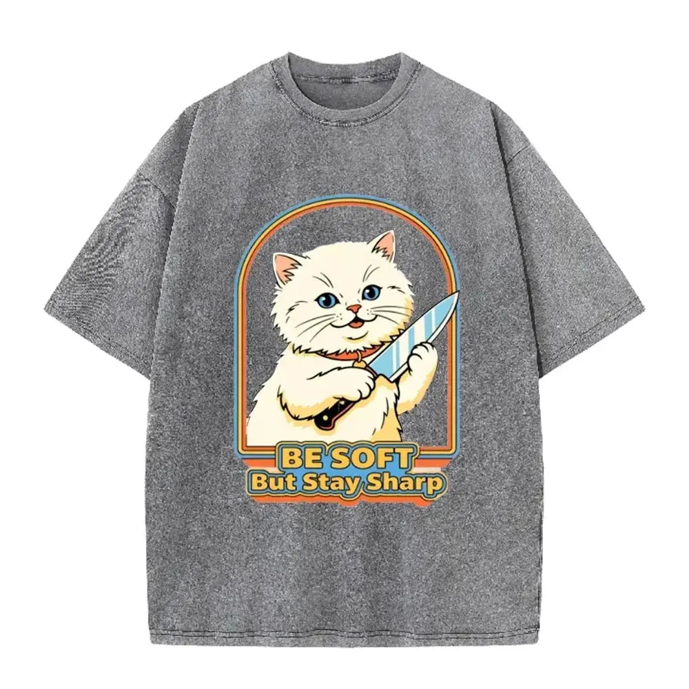 Vintage Washed Purple Be Soft But Stay Sharp Knife Cat Retro Casual Graphic T Shirt by Vimost Shop