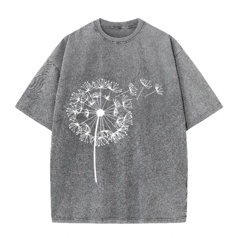Dandelion Print Vintage Washed Brown T Shirt Casual Minimalist Streetwear Tee by Vimost Shop
