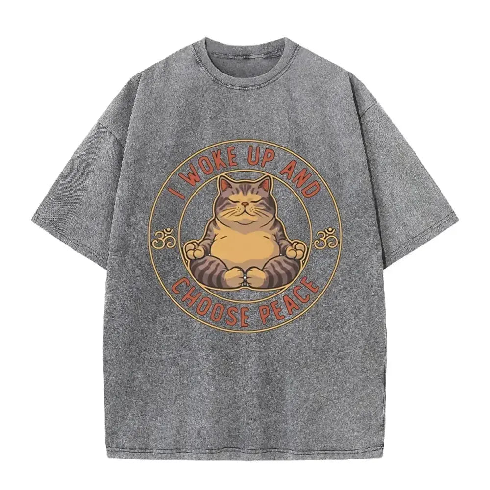 Retro Beige Zen Yoga Tabby Cat Om Symbol Acid Wash Oversized Streetwear Tee by Vimost Shop