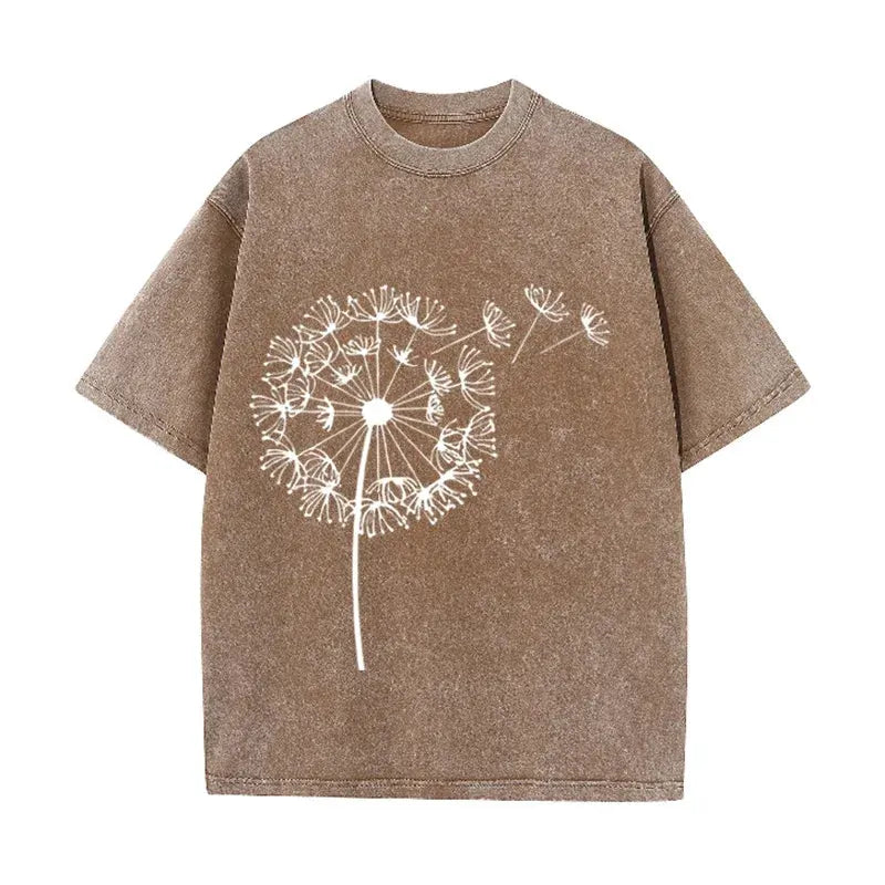 Dandelion Print Vintage Washed Brown T Shirt Casual Minimalist Streetwear Tee by Vimost Shop