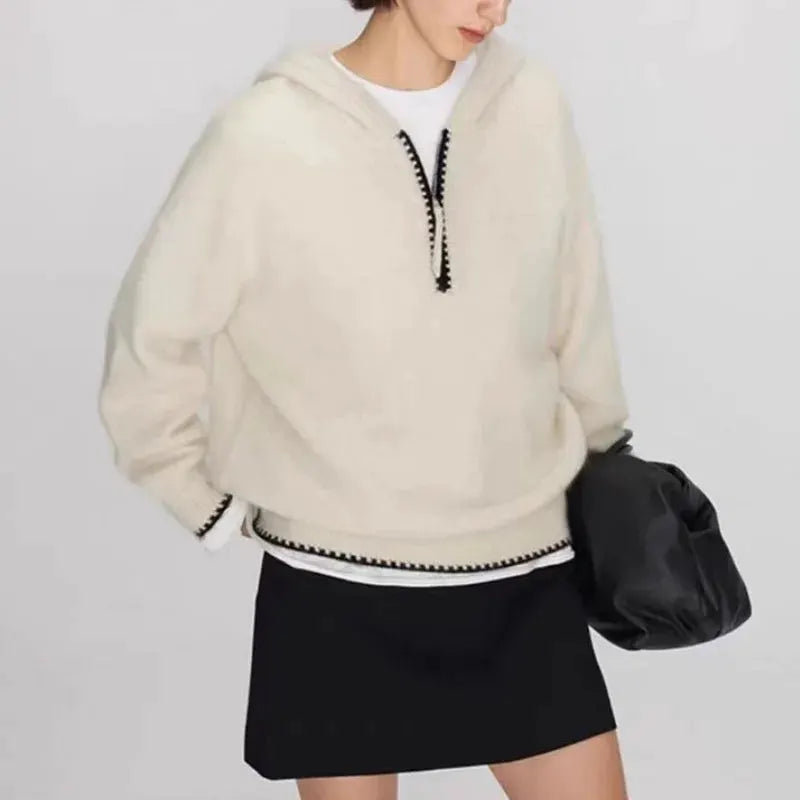 High-end half-zipper hooded 100% cashmere knitted sweater women loose and thick sweater base hoodie top by Vimost Shop