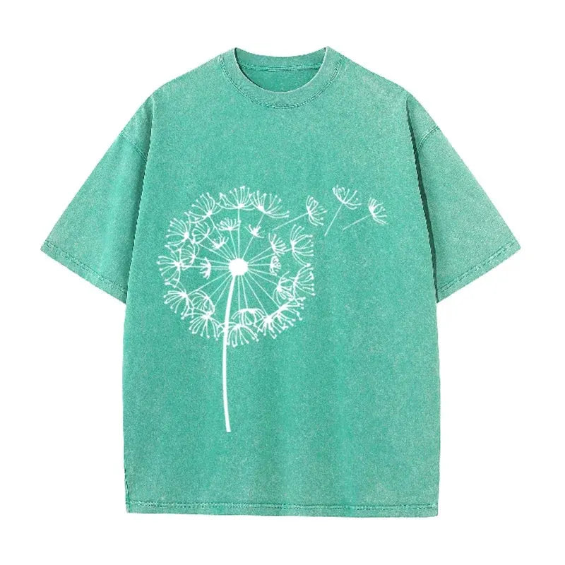Dandelion Print Vintage Washed Brown T Shirt Casual Minimalist Streetwear Tee by Vimost Shop