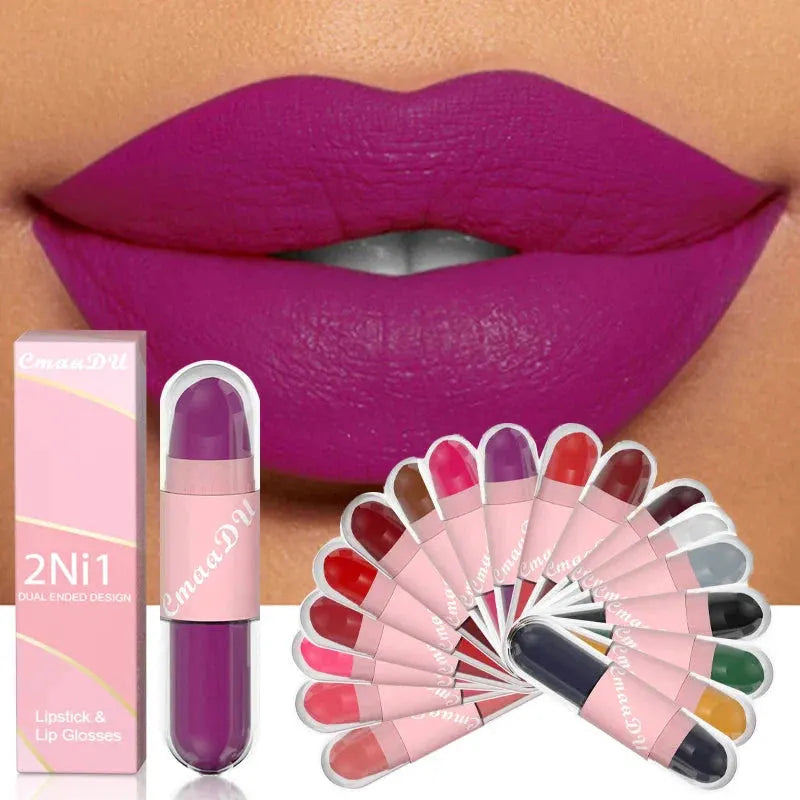 18 Colors 2 in 1 Matte Lipstick Liquid Purple Lip Glaze Double Head Lip Makeup Lasting Waterproof Velvet Sexy Dark Red Lipsticks by HMEINA Store