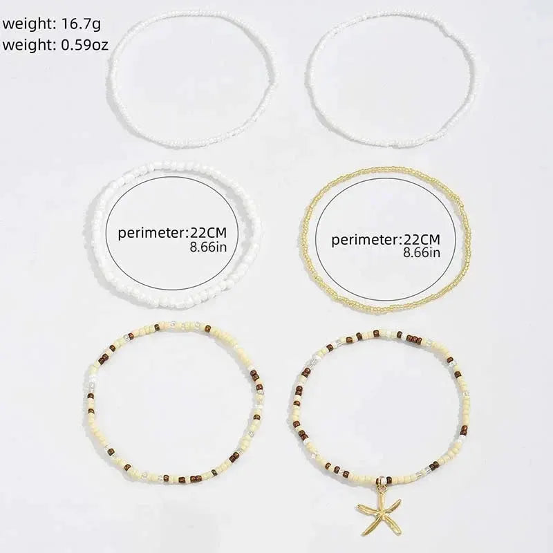 Bohemia Multilayer Rice Bead Anklet Set for Women Fashion Starfish Pendant Anklets Summer Sandy Beach Ankle Chain On Leg Jewelry by HongHaiEr Store
