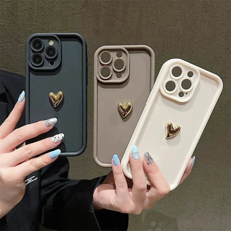 3D Gold Heart Silicone Soft Phone Case For iPhone 15 14 13 12 11 16 17 Pro Max XS XR 7 8 Plus SE Shockproof Candy Matte Cover by Shop1103740101 Store