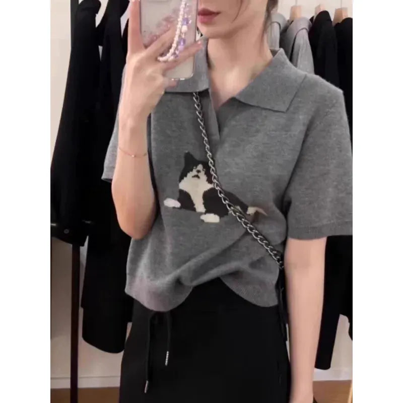 European vintage cat jacquard cashmere knitted short-sleeved women's lapel front-shoulder wool T-shirt, half-sleeved short top by Vimost Shop