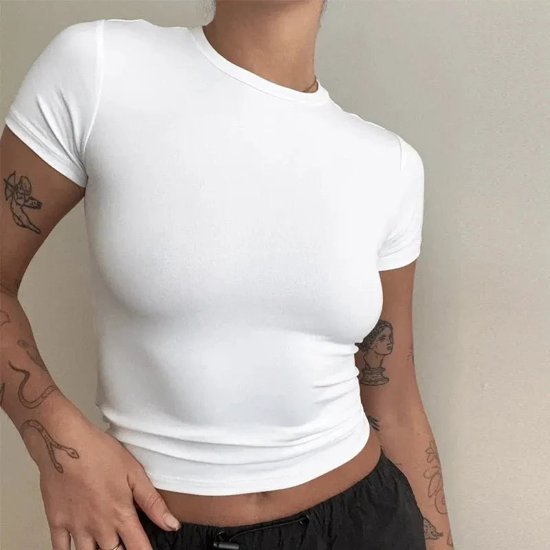 Women’s Slim-Fit Stretch Knit Crew-Neck T-Shirt with Short Sleeves by Vimost Shop