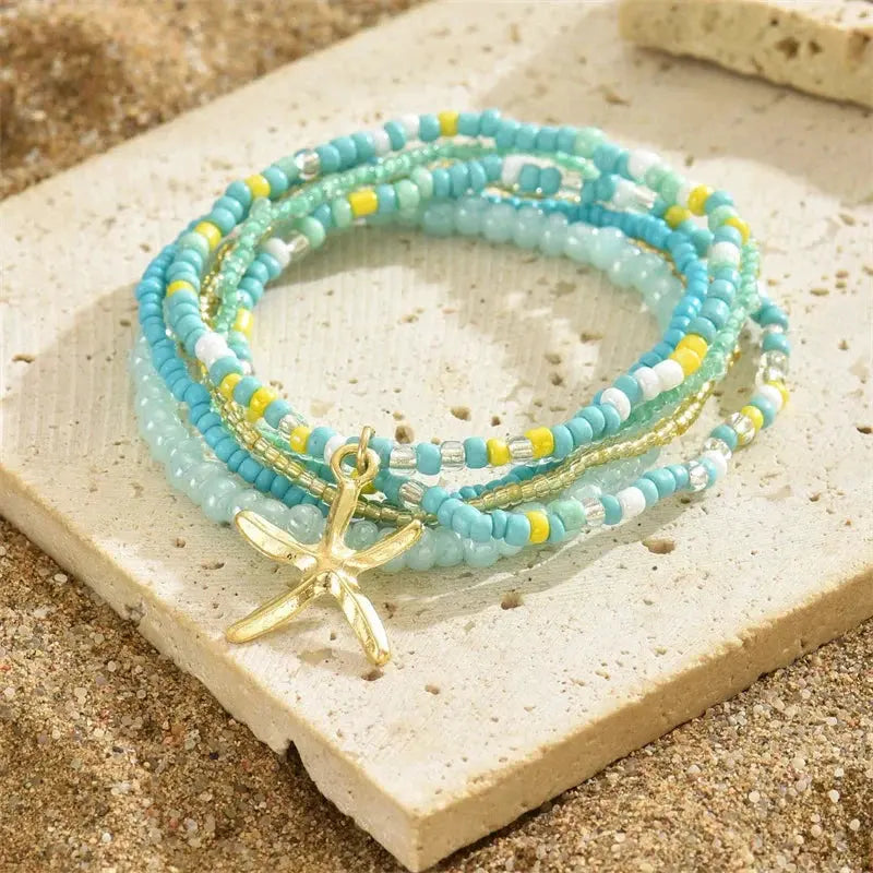 Bohemia Multilayer Rice Bead Anklet Set for Women Fashion Starfish Pendant Anklets Summer Sandy Beach Ankle Chain On Leg Jewelry by HongHaiEr Store