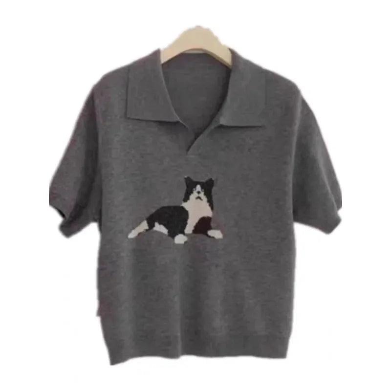 European vintage cat jacquard cashmere knitted short-sleeved women's lapel front-shoulder wool T-shirt, half-sleeved short top by Vimost Shop