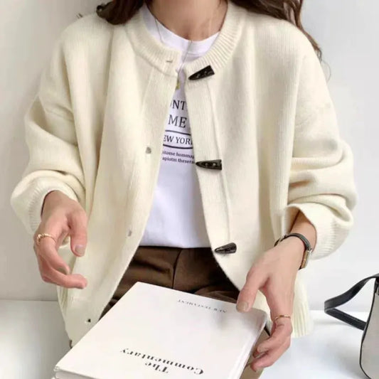 Versatile Crew Neck Autumn and Winter Sweater Wool Coat 100% Pure Cashmere Knitted Cardigan for Women Top by Vimost Shop