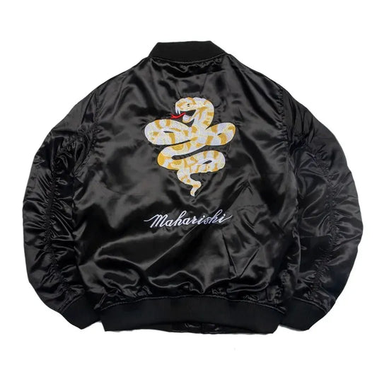 Zip Up Snack Back Embroidered Casual Loose Style Crew Neck Satin Bomber Jacket for Men Women by Vimost Shop