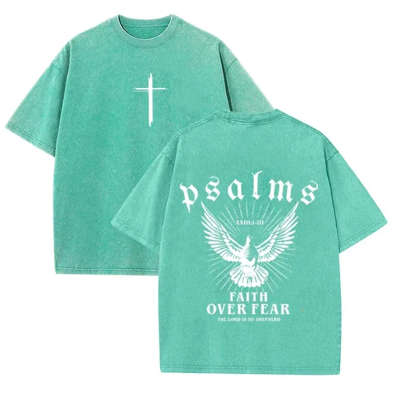 Retro Faith Over Fear T Shirt Psalms Dove Print Casual Washed Religious Streetwear by Vimost Shop