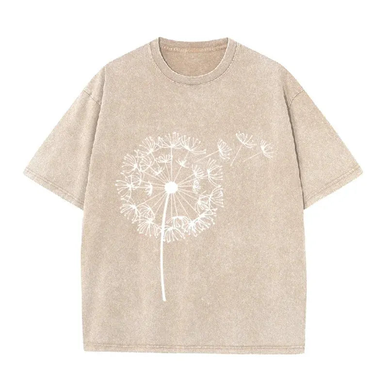 Dandelion Print Vintage Washed Brown T Shirt Casual Minimalist Streetwear Tee by Vimost Shop