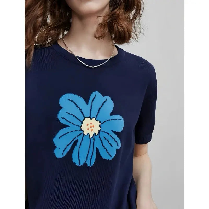 Stylish large-flower jacquard round-neck knitted short-sleeved women's loose ice silk T-shirt and thin top by Vimost Shop