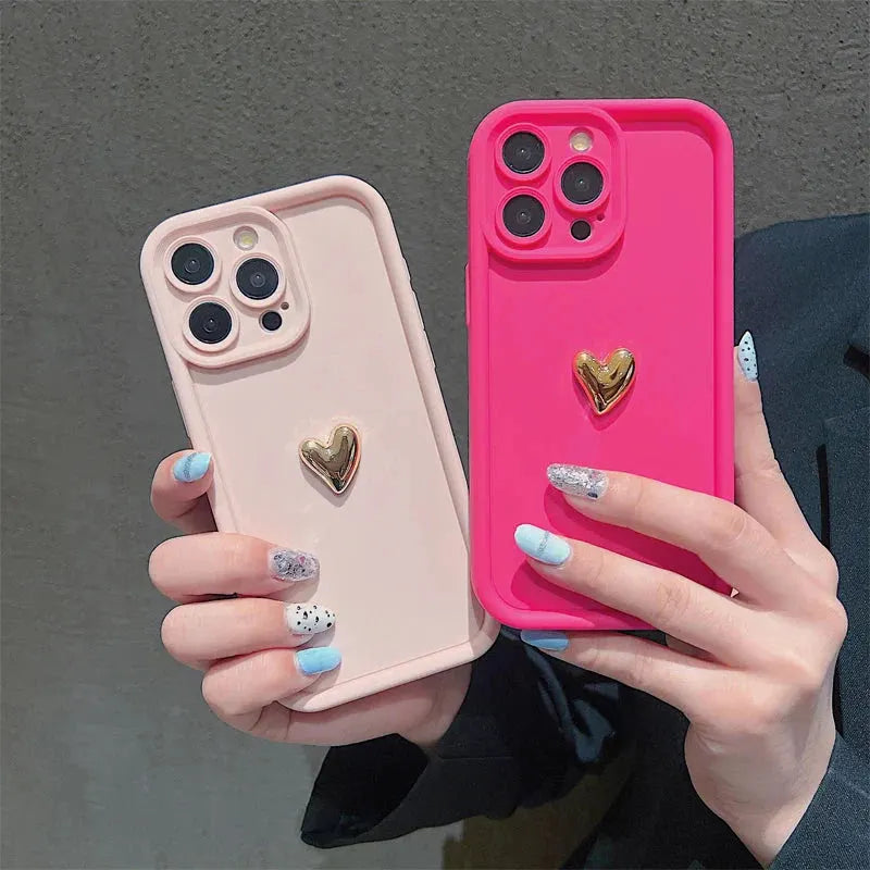 3D Gold Heart Silicone Soft Phone Case For iPhone 15 14 13 12 11 16 17 Pro Max XS XR 7 8 Plus SE Shockproof Candy Matte Cover by Shop1103740101 Store