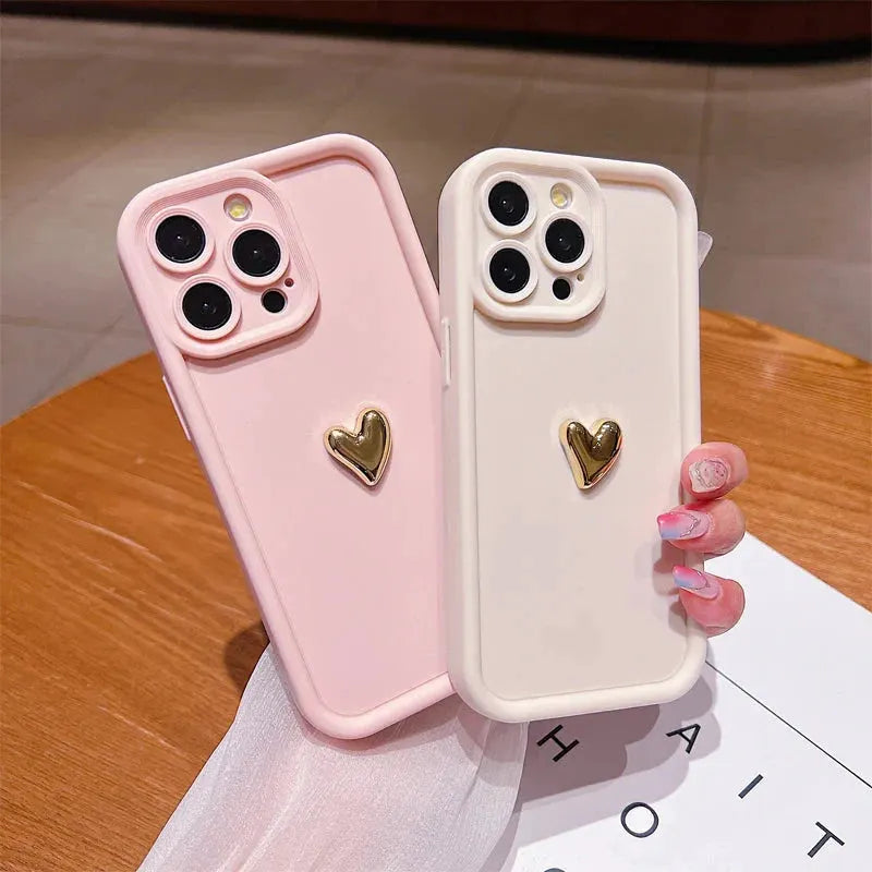 3D Gold Heart Silicone Soft Phone Case For iPhone 15 14 13 12 11 16 17 Pro Max XS XR 7 8 Plus SE Shockproof Candy Matte Cover by Shop1103740101 Store