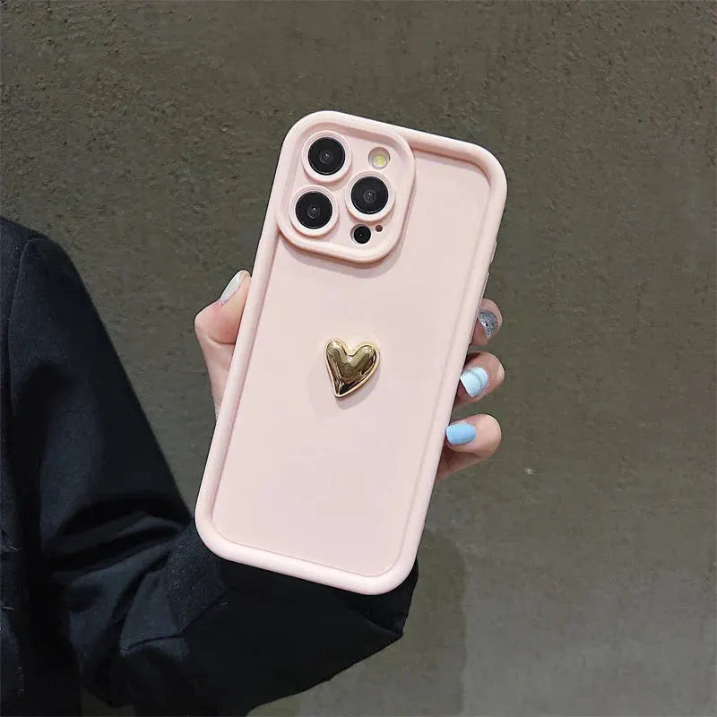 3D Gold Heart Silicone Soft Phone Case For iPhone 15 14 13 12 11 16 17 Pro Max XS XR 7 8 Plus SE Shockproof Candy Matte Cover by Shop1103740101 Store