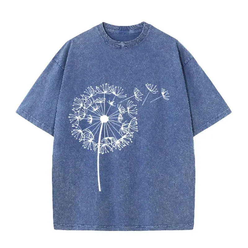 Dandelion Print Vintage Washed Brown T Shirt Casual Minimalist Streetwear Tee by Vimost Shop