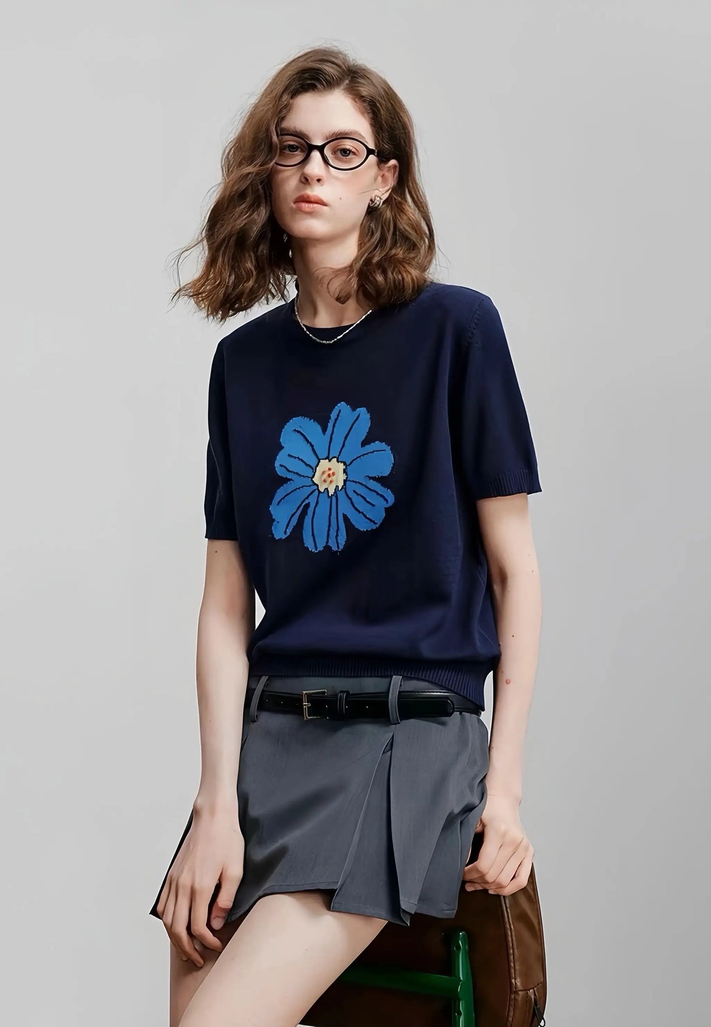 Stylish large-flower jacquard round-neck knitted short-sleeved women's loose ice silk T-shirt and thin top by Vimost Shop