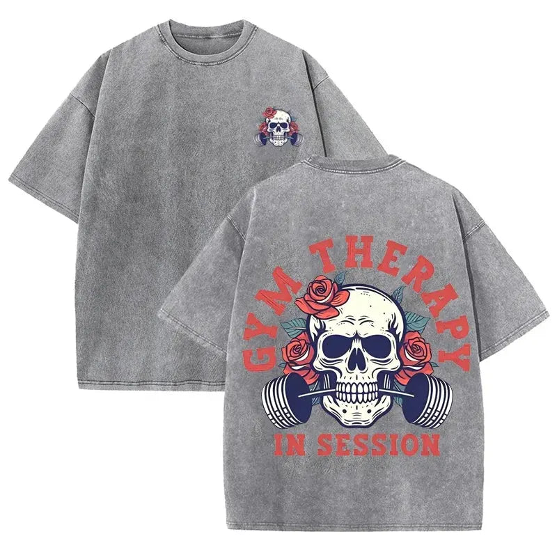 Gym Therapy In Session Skull Rose Print Vintage Washed Workout T Shirt by Vimost Shop