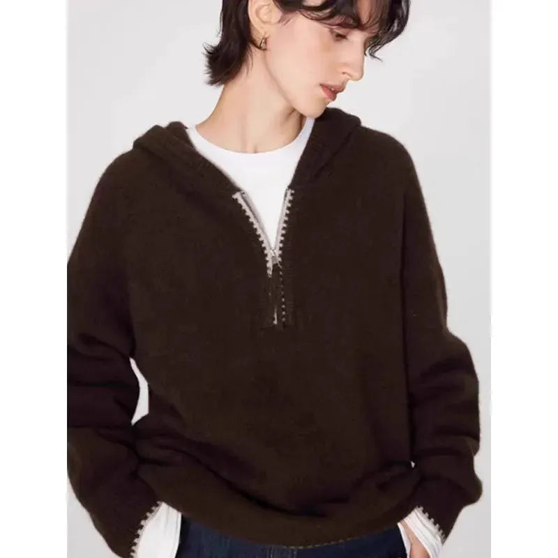 High-end half-zipper hooded 100% cashmere knitted sweater women loose and thick sweater base hoodie top by Vimost Shop