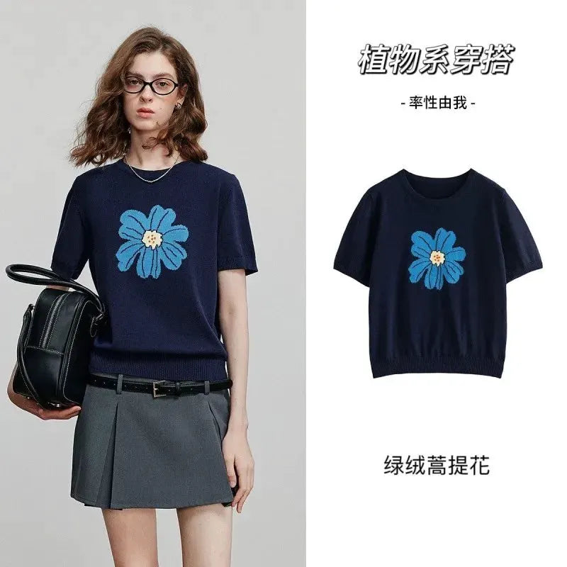 Stylish large-flower jacquard round-neck knitted short-sleeved women's loose ice silk T-shirt and thin top by Vimost Shop