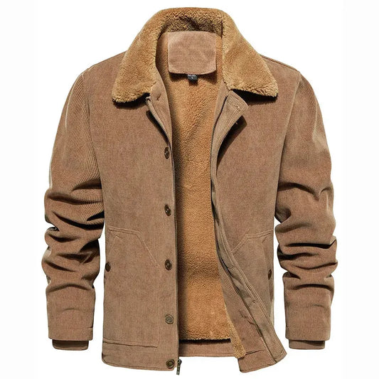 Men's Winter Corduroy Jacket Fleece Warm Lined Cargo Work Jacket Casual Thick Sherpa Collar Trucker Deck Navy Coats by Vimost Shop