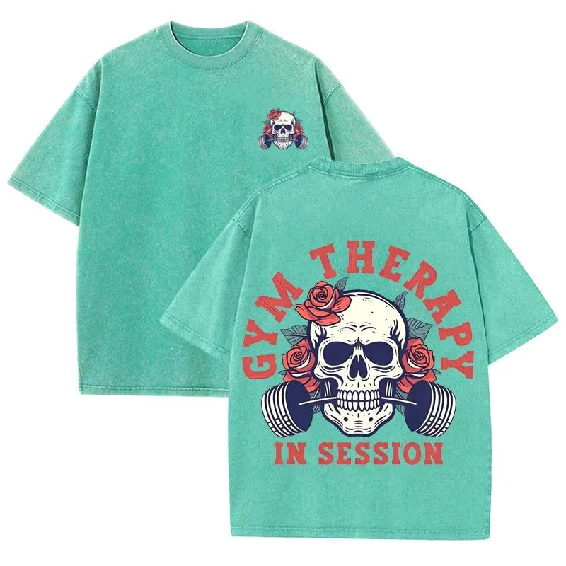 Gym Therapy In Session Skull Rose Print Vintage Washed Workout T Shirt by Vimost Shop