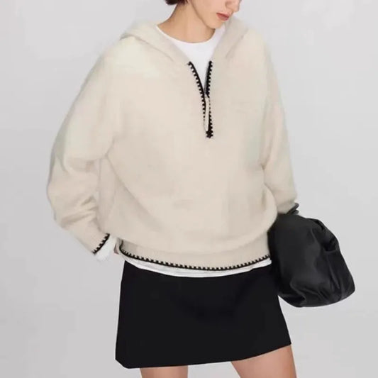 High-end half-zipper hooded 100% cashmere knitted sweater women loose and thick sweater base hoodie top by Vimost Shop