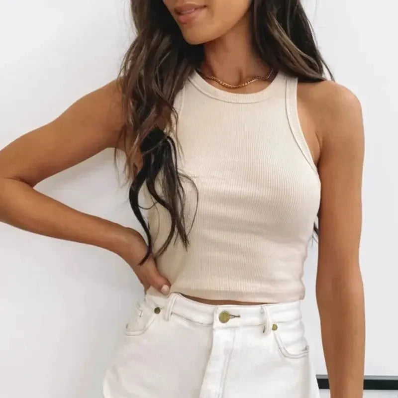Ribbed Tank Top Women White 2024 Summer Casual Fitness Short Vest Candy Colors Knitted Off Shoulder Sexy Crop Top Women by Vimost Shop