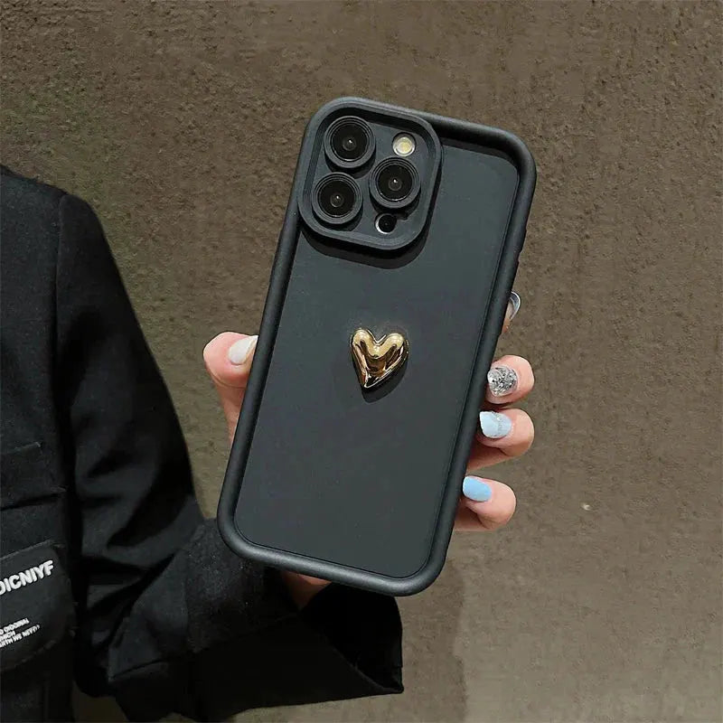 3D Gold Heart Silicone Soft Phone Case For iPhone 15 14 13 12 11 16 17 Pro Max XS XR 7 8 Plus SE Shockproof Candy Matte Cover by Shop1103740101 Store