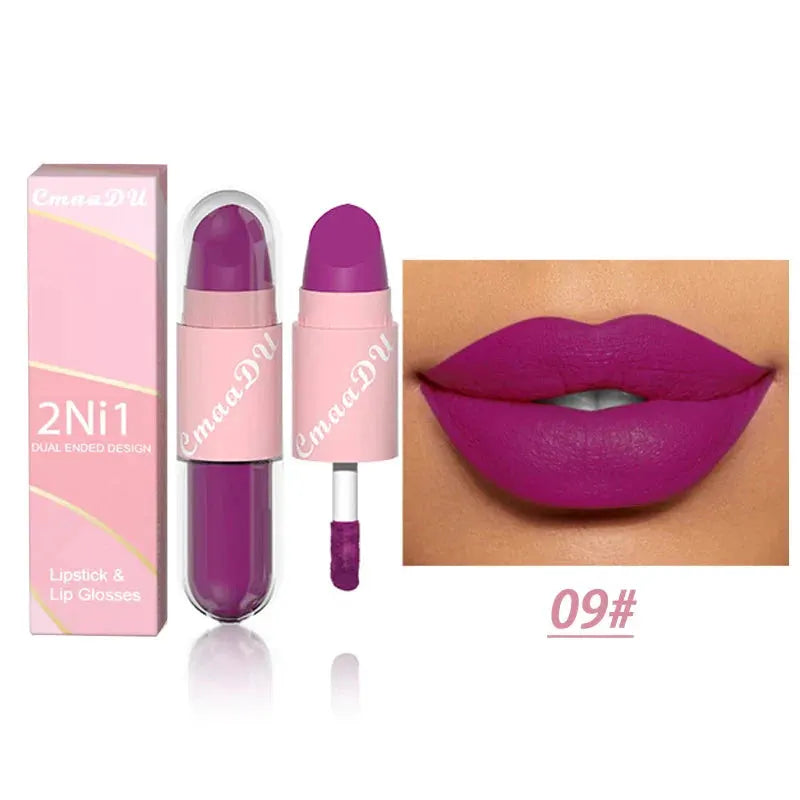 18 Colors 2 in 1 Matte Lipstick Liquid Purple Lip Glaze Double Head Lip Makeup Lasting Waterproof Velvet Sexy Dark Red Lipsticks by HMEINA Store