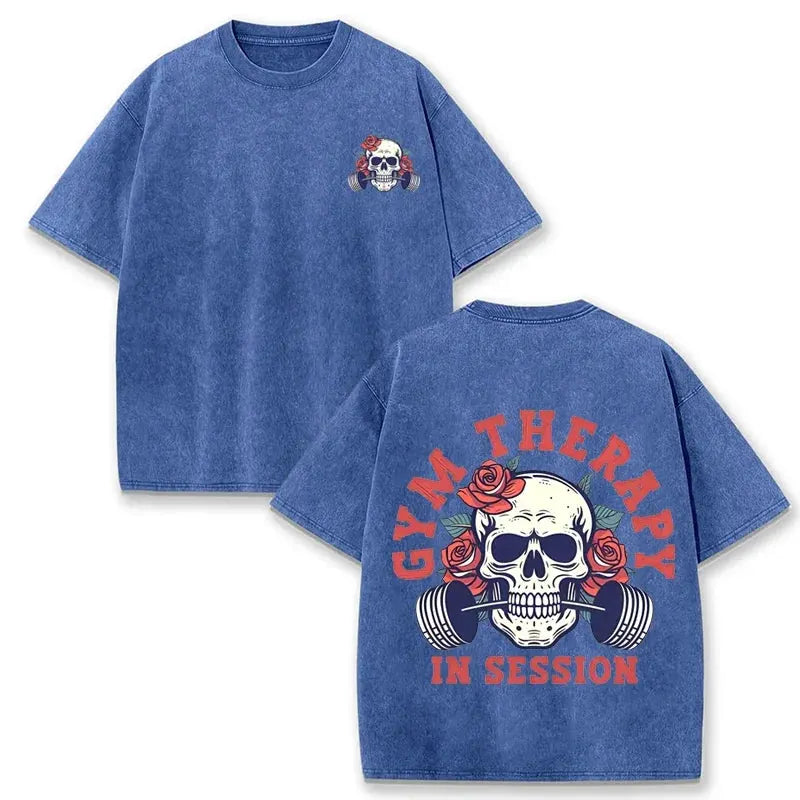 Gym Therapy In Session Skull Rose Print Vintage Washed Workout T Shirt by Vimost Shop