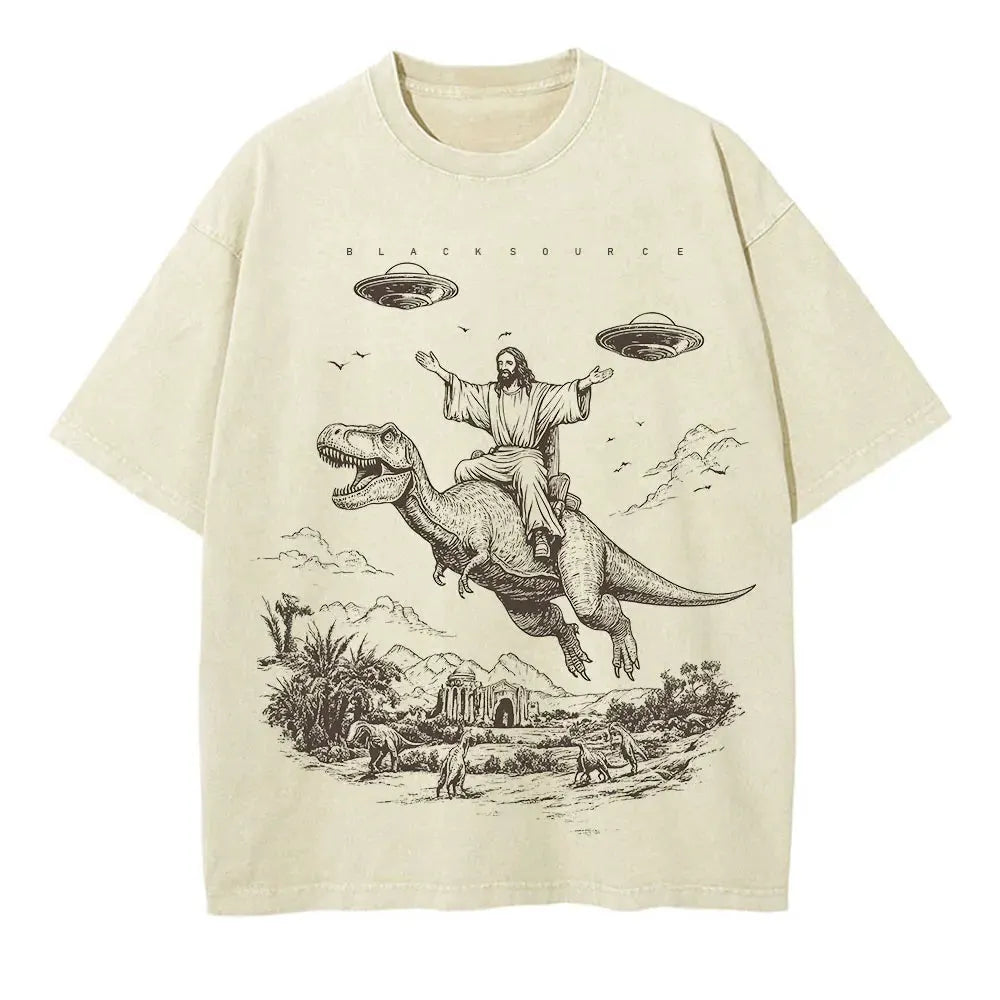 Vintage Cartoon Dinosaur Graphic T-Shirt Washed Oversized Streetwear Tee by Vimost Shop