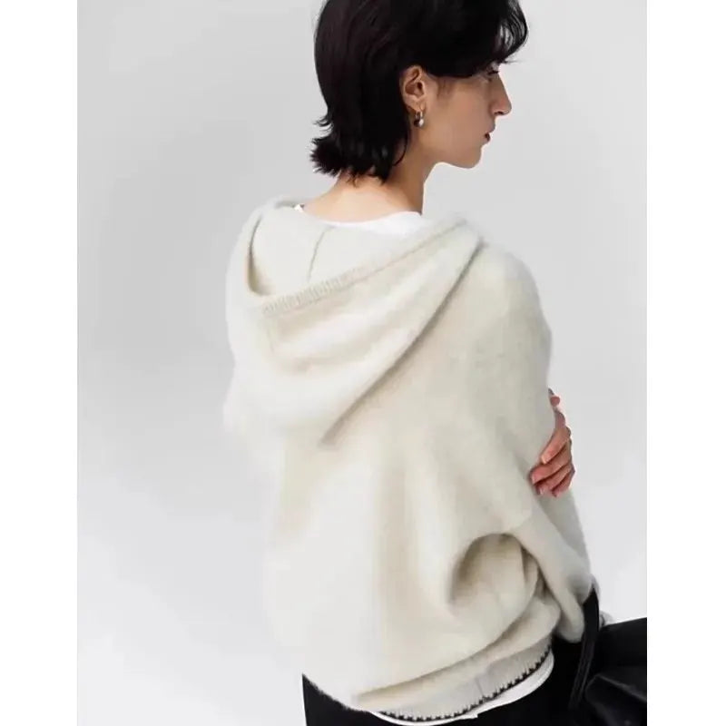 High-end half-zipper hooded 100% cashmere knitted sweater women loose and thick sweater base hoodie top by Vimost Shop