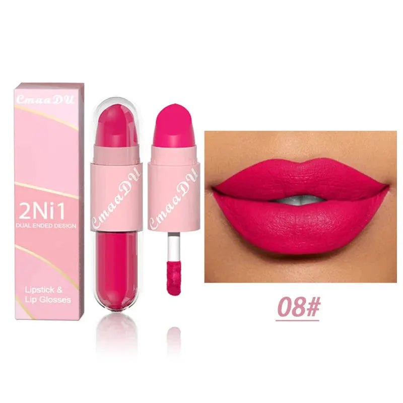 18 Colors 2 in 1 Matte Lipstick Liquid Purple Lip Glaze Double Head Lip Makeup Lasting Waterproof Velvet Sexy Dark Red Lipsticks by HMEINA Store