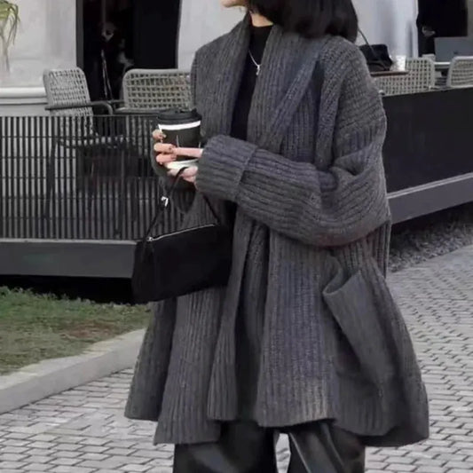 Autumn/Winter Thickened 100% Pure Wool Women's Turn-down Collar Knitted Cardigan Loose Sweater Coat Top Mid-long Length by Vimost Shop