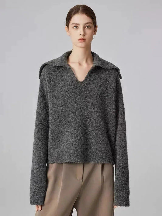 Autumn and winter new 100 cashmere sweater women's retro loose knit sweater V-neck long sleeve woolen base shirt by Vimost Shop