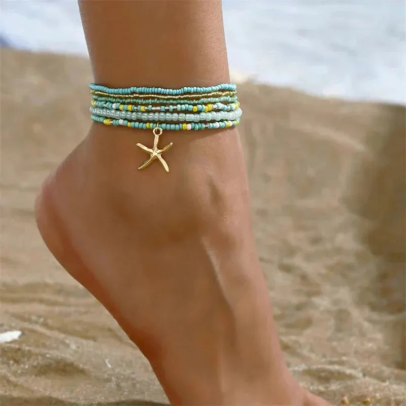 Bohemia Multilayer Rice Bead Anklet Set for Women Fashion Starfish Pendant Anklets Summer Sandy Beach Ankle Chain On Leg Jewelry by HongHaiEr Store
